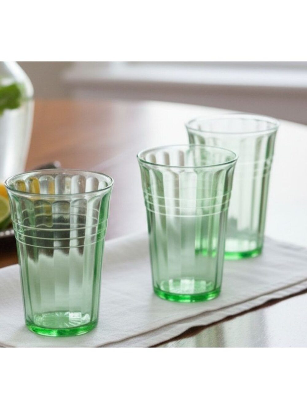 3 pc Hazel-Atlas Moderntone Green Depression Glasses Ribbed Uranium 8 oz. 1940s